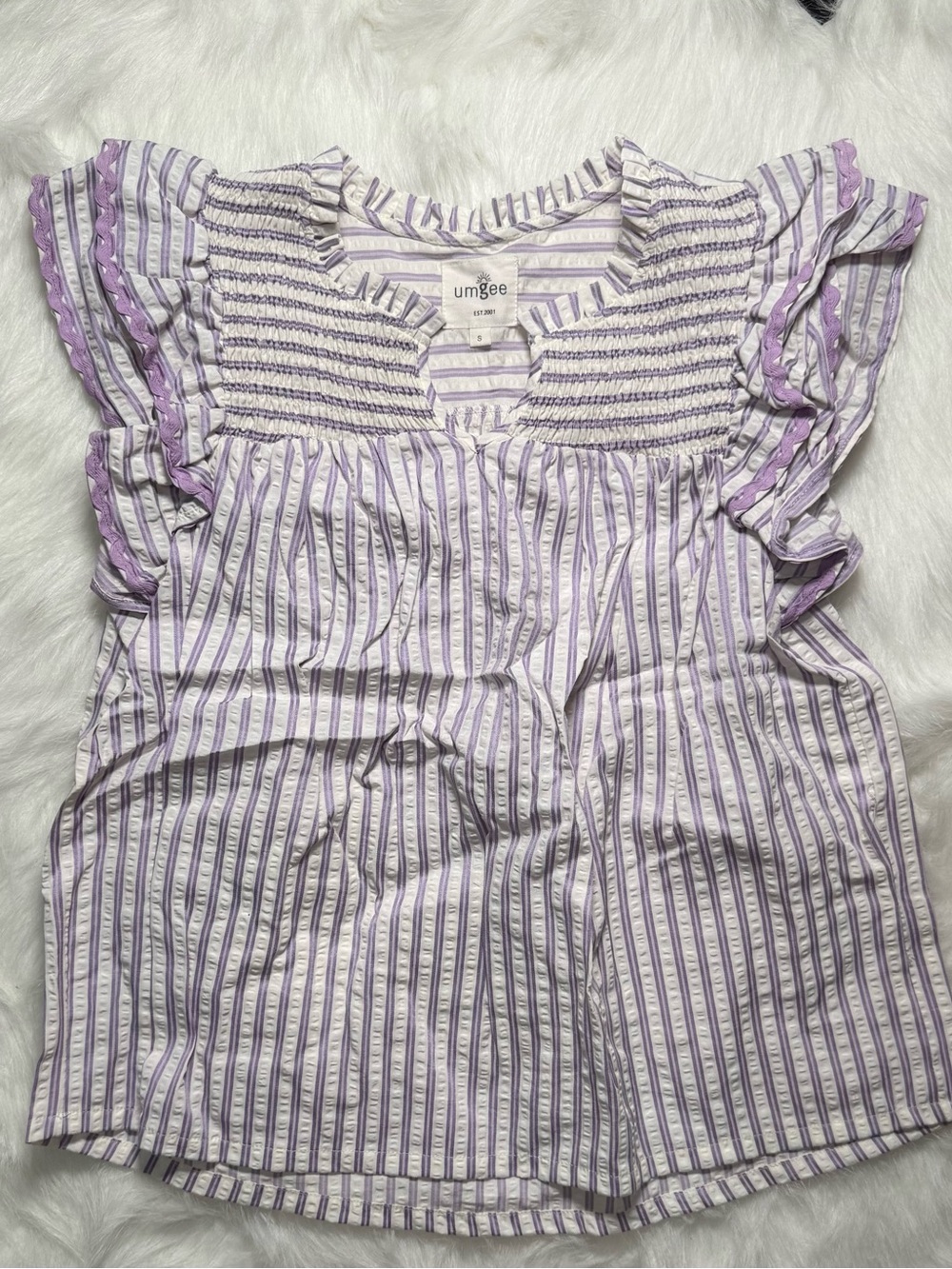 Umgee Lavender and White Striped Flutter Sleeve Blouse